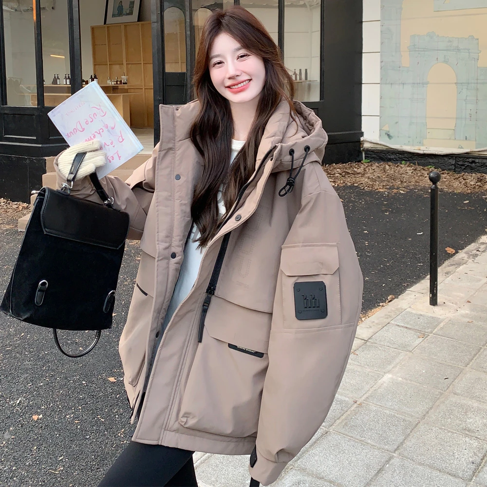 工装连帽派克羽绒服女冬季2024新款宽松休闲冲锋衣厚外套流行爆款