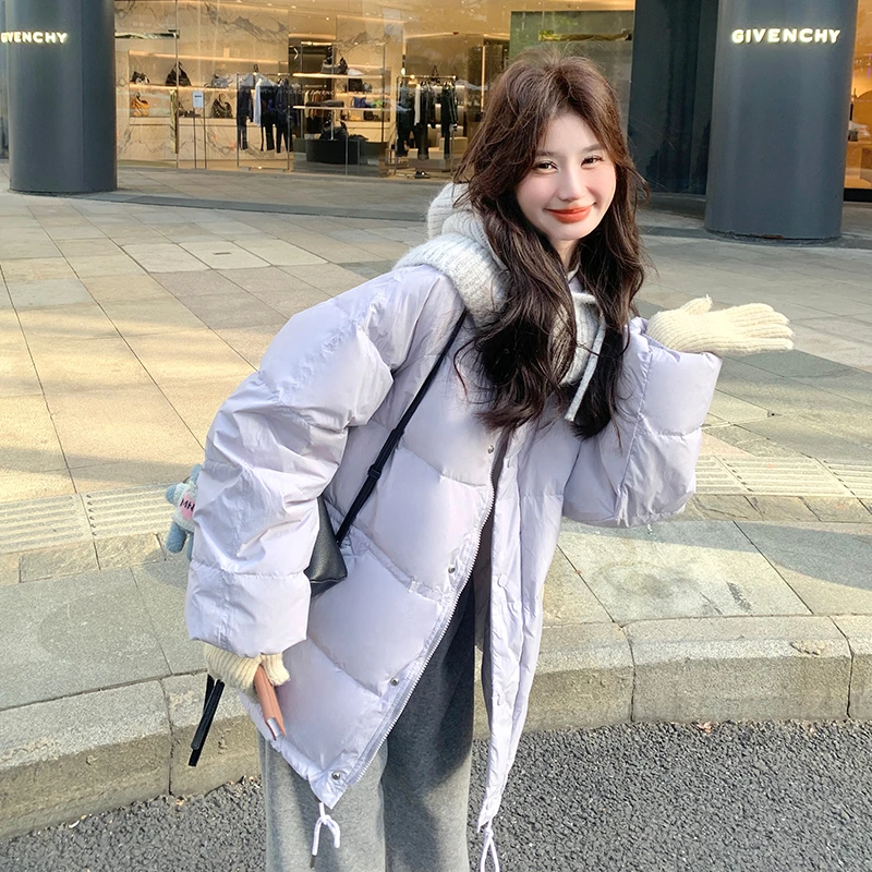 可拆卸针织连帽紫色羽绒服女冬季2024新款超好看减龄奶呼呼面包服