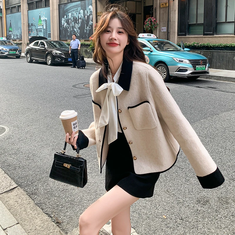 撞色翻领小香风双面羊绒毛呢外套女短款小个子高级感法式羊毛呢子
