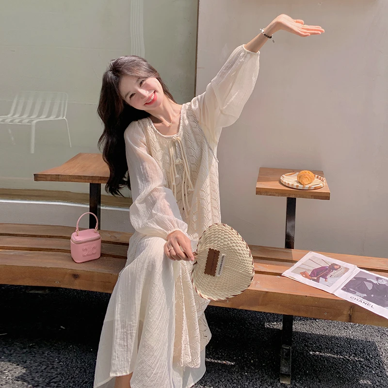 叠穿针织镂空罩衫连衣裙套装女2024年秋季新款慵懒温柔风两件套裙