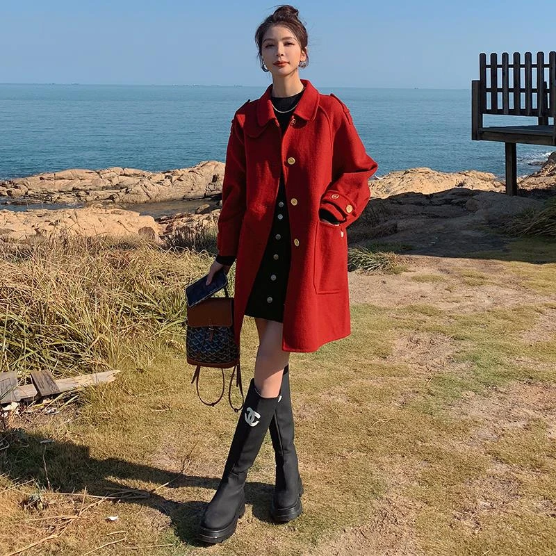 韩剧女主红色中长款呢子大衣女秋冬2023新款高级感小个子毛呢外套
