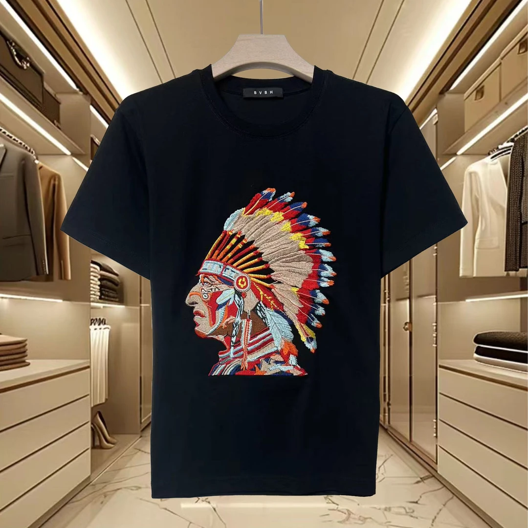 印第安人七彩休闲国潮T恤夏季新款莫西干宽松百搭男女纯棉短袖ins