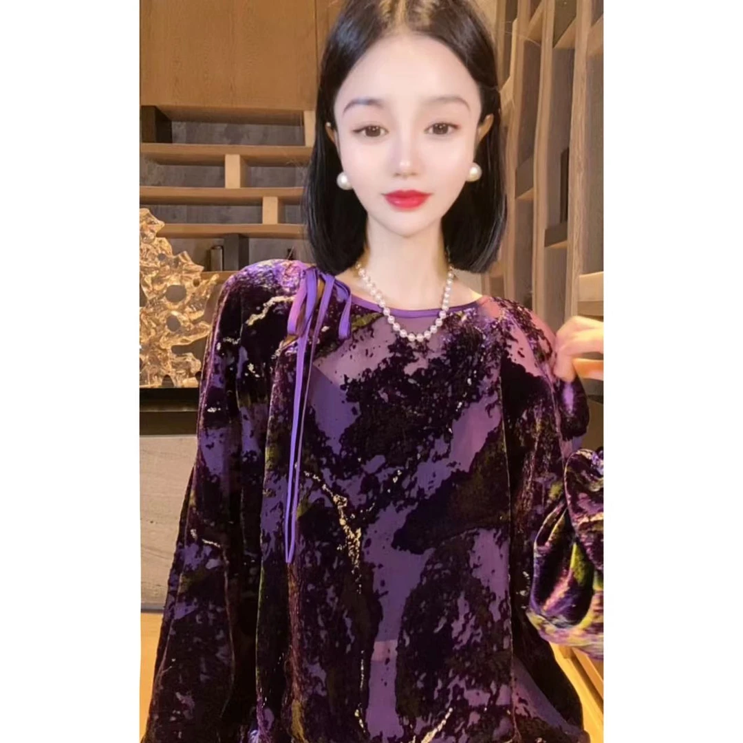 【漫天星辰不及你】重磅桑蚕丝丝绒上衣大圆领插肩灯笼袖气质上衣