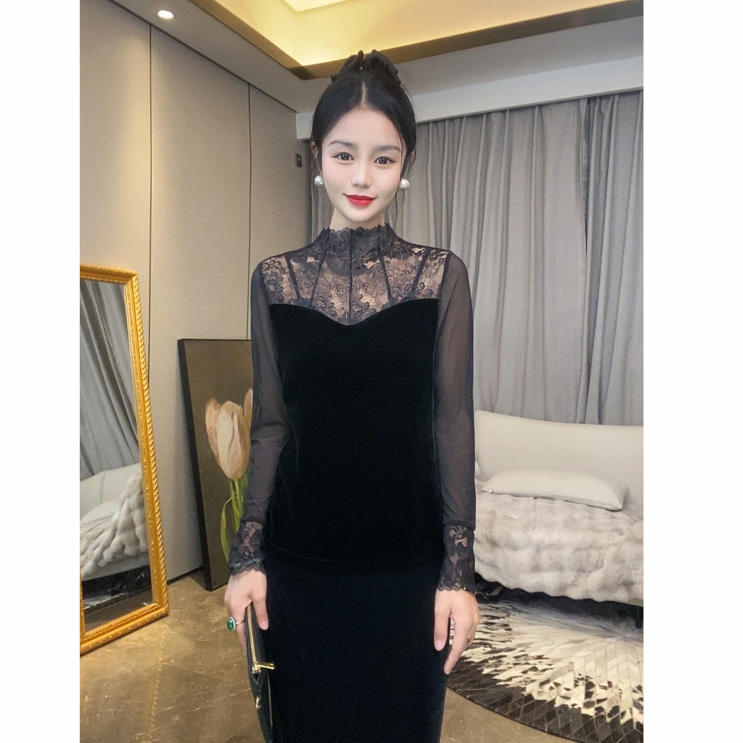 【大眼睛】小立领套头精致蕾丝真丝丝绒拼接上衣长袖气质设计感