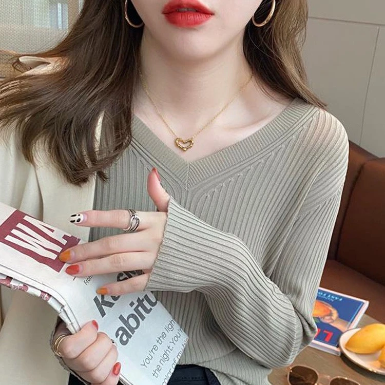 v领打底衫女2023春秋新款薄款洋气内搭毛衣宽松显瘦套头针织上衣
