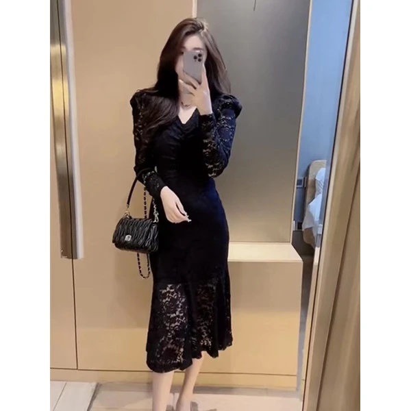 时尚高级感蕾丝性感连衣裙女2023春夏新款泡泡袖显瘦包臀鱼尾裙