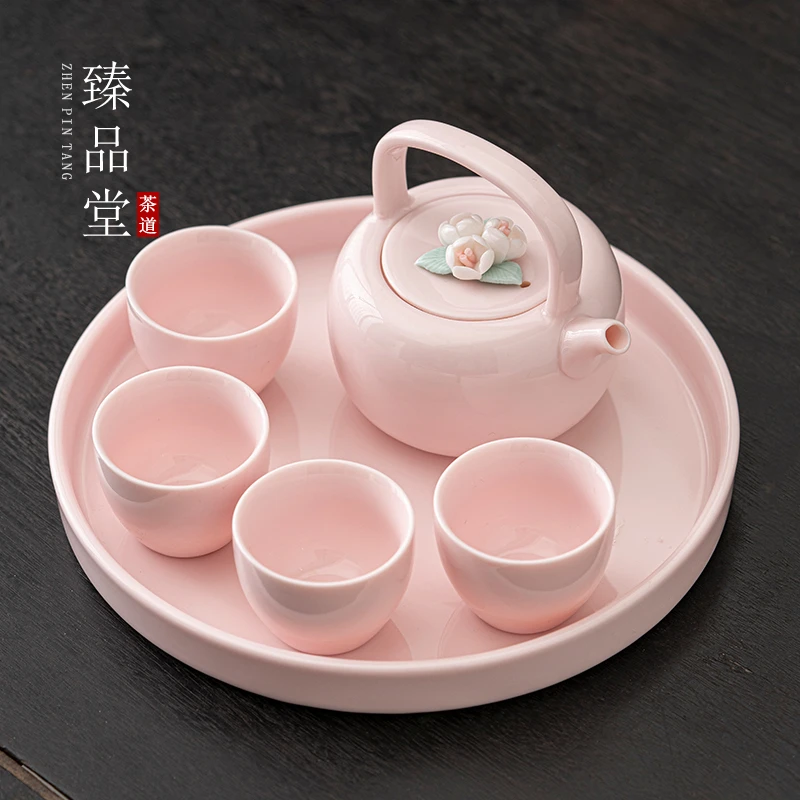 慢城臻品堂 手工捏花大茶壶加四杯配茶盘家用茶具泡茶壶茶杯 2773