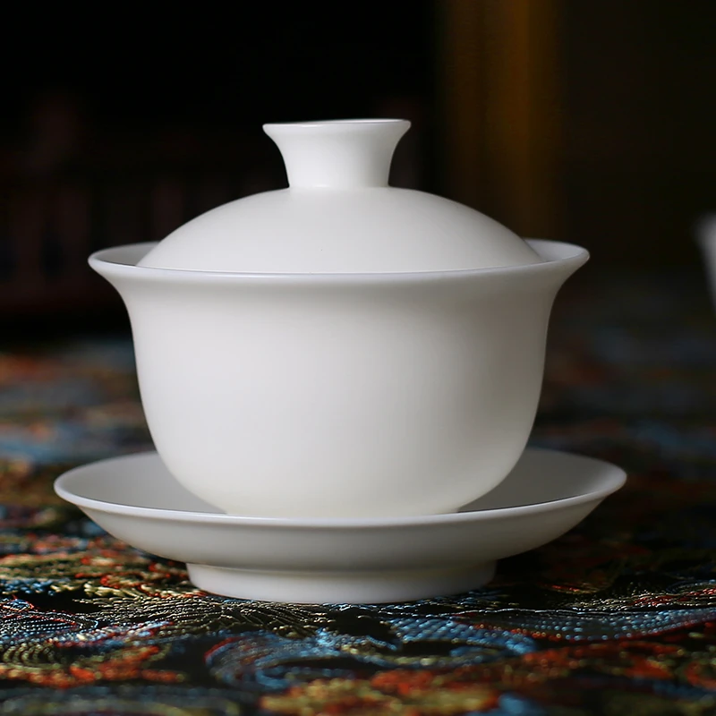 臻品堂 羊脂玉素烧三才盖碗不烫手功夫茶具家用单个泡茶碗 3820