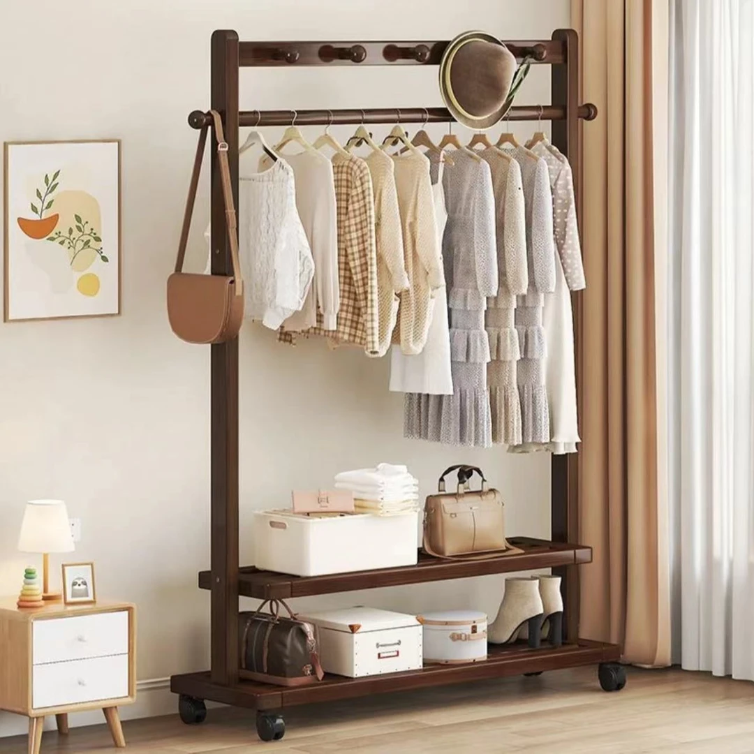 双层高档楠竹衣帽架卧室落地架简易挂衣架出租房置物架家用简约