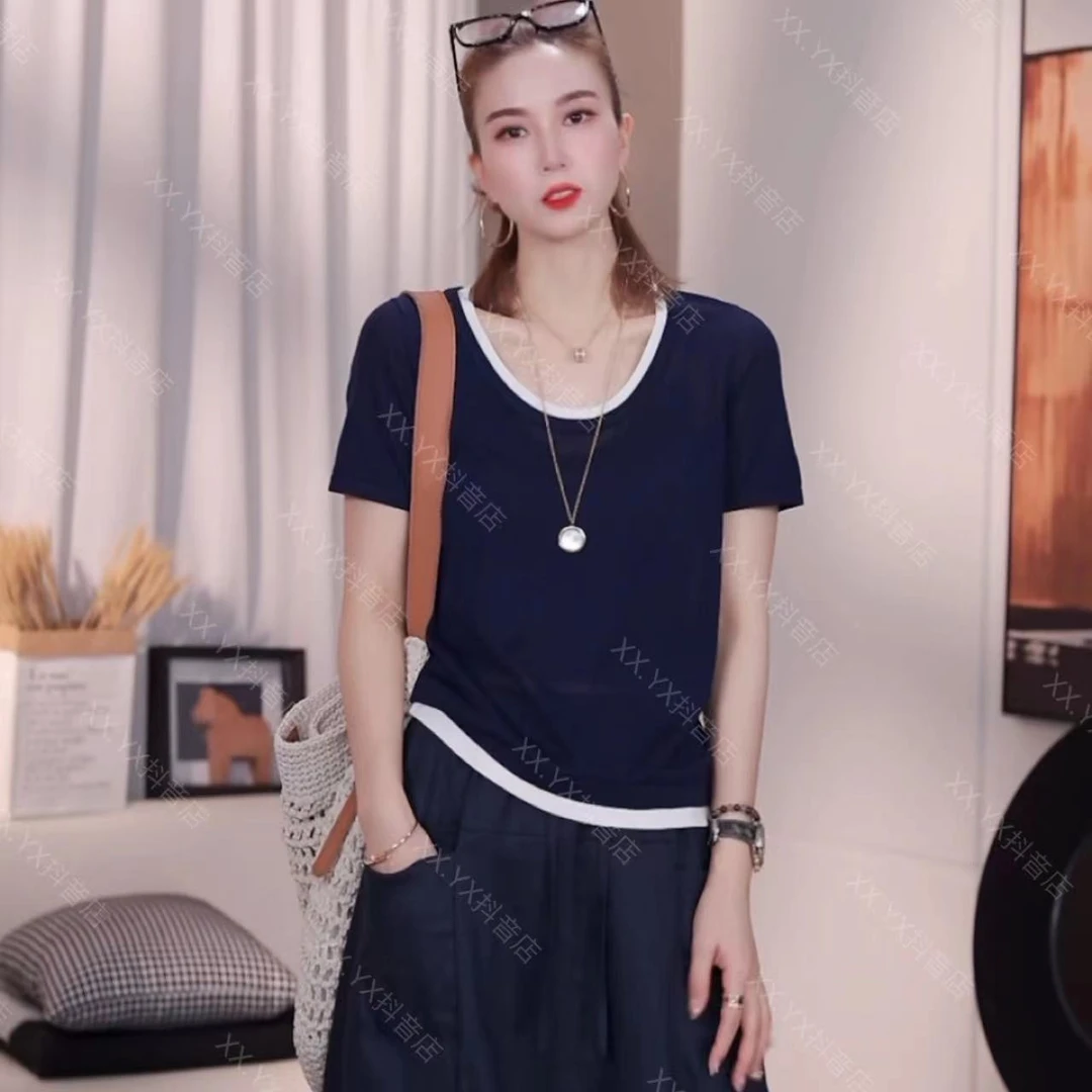 XX.YX（冰凉半夏）夏季1oo莱赛尔宽松休闲撞色短袖针织衫6018