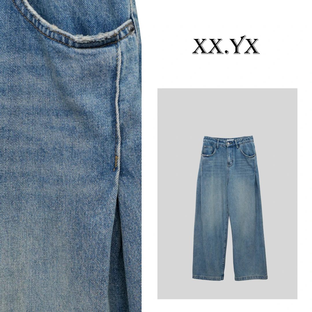 XX.YX（回头率）冬款里磨毛韩系蓝色牛仔大直筒裤6313