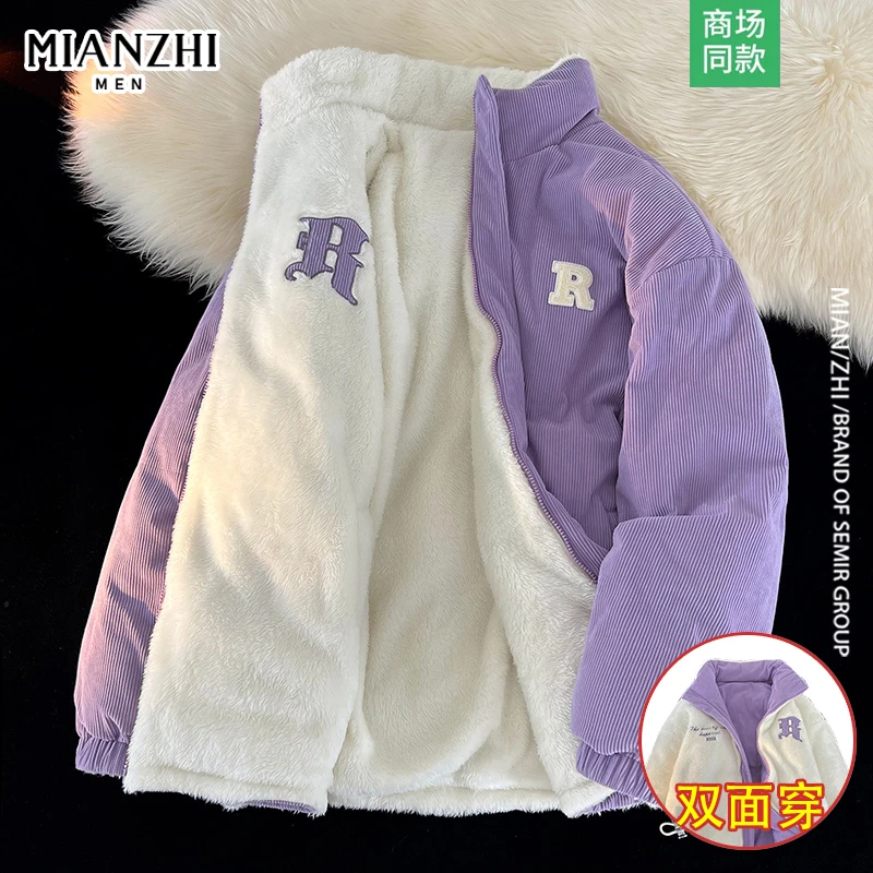 棉致灯芯绒双面穿女装冬季新款外套情侣加绒加厚立领保暖宽松棉服