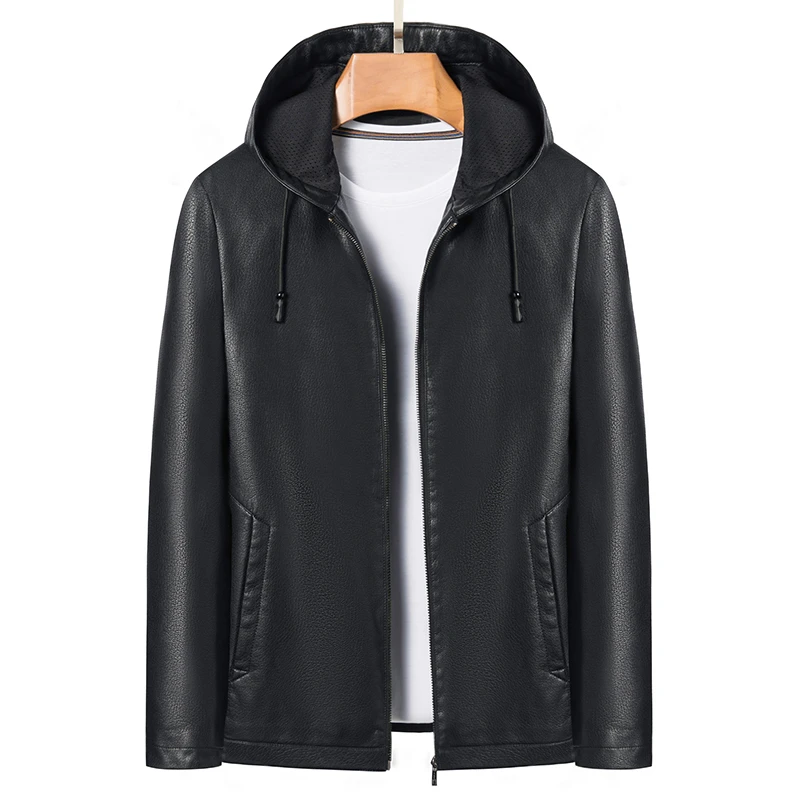 海宁精选 男士真皮皮衣休闲夹克高档商务男帽款小牛皮保暖外套