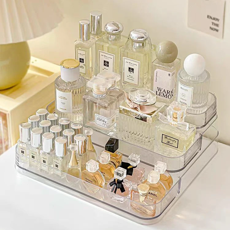 香水展示架桌面化妆品眼影盘粉饼口红指甲油透明阶梯收纳架高级感