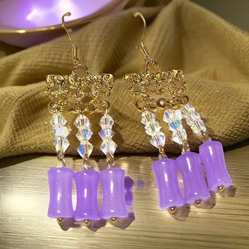 合金树脂耳饰 静妮耳饰 手工DIY 紫色竹节古风耳环 古典 仙女耳钩