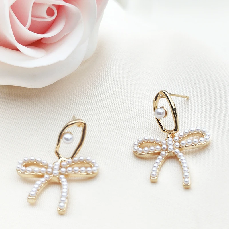 合金仿珍珠耳饰 静妮耳饰 蝴蝶结珠珠耳钉 法式简约小众 高级温柔