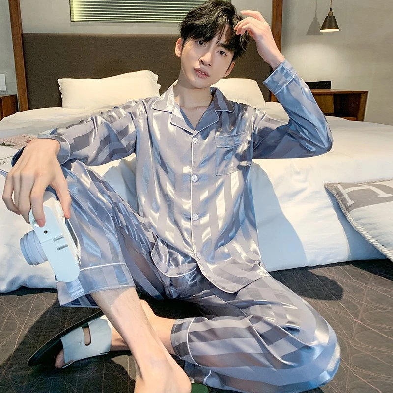 春秋男士睡衣2023新款长袖薄款冰丝夏季青少年家居服丝绸套装大码