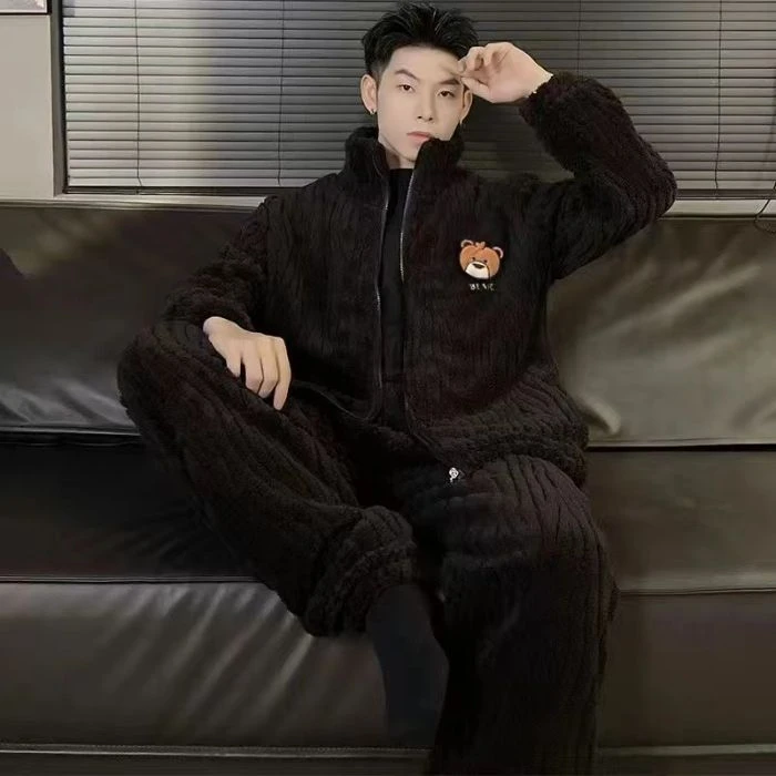 2024年冬季新款珊瑚绒青年睡衣男舒适拉链款加厚法兰绒家居服套装