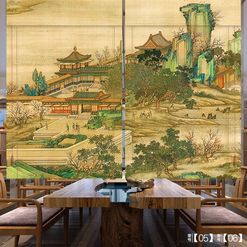 复古中式山水印花竹帘可升降装饰竹编挂画竹卷帘窗帘隔断帘遮光帘