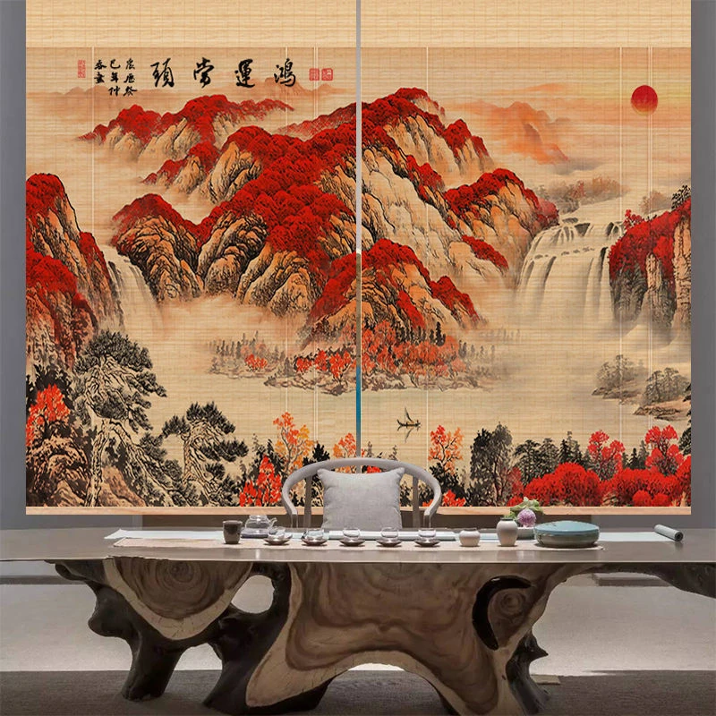 新中式复古印花竹帘窗帘隔断阳台阳光房遮阳遮光手拉升降卷帘门帘