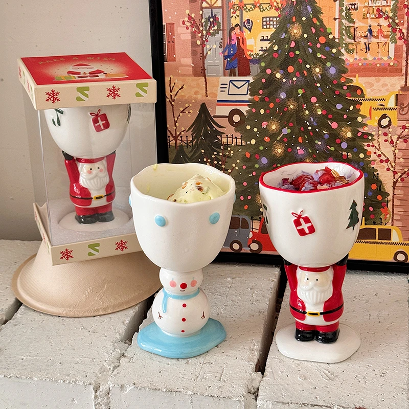 ins可爱立体雪人围巾陶瓷高脚马克杯甜品冰淇淋杯碗圣诞礼物水杯