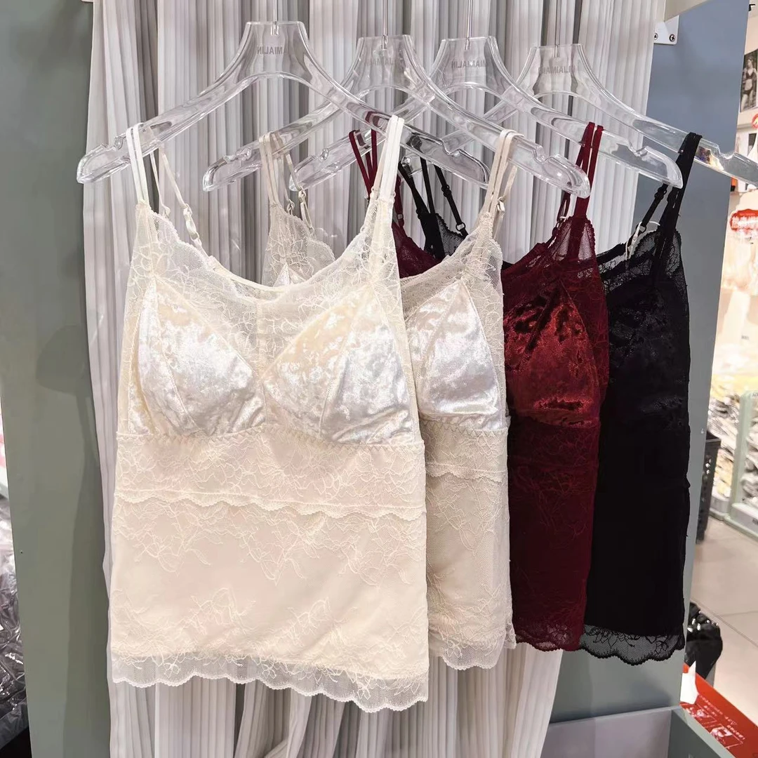 MYL82441长款丝绒拼接蕾丝一体杯垫吊带背心