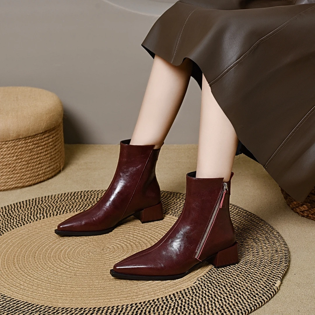 安克拉红色羊皮短筒靴明星同款尖头厚底网红爆款复古低跟秋冬皮靴