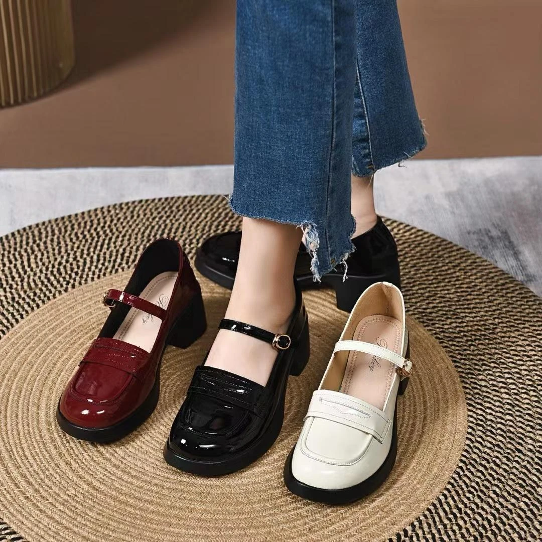 新款爆款玛丽珍小单鞋厚底乐福鞋春秋粗跟浅口圆头一直扣女士皮鞋