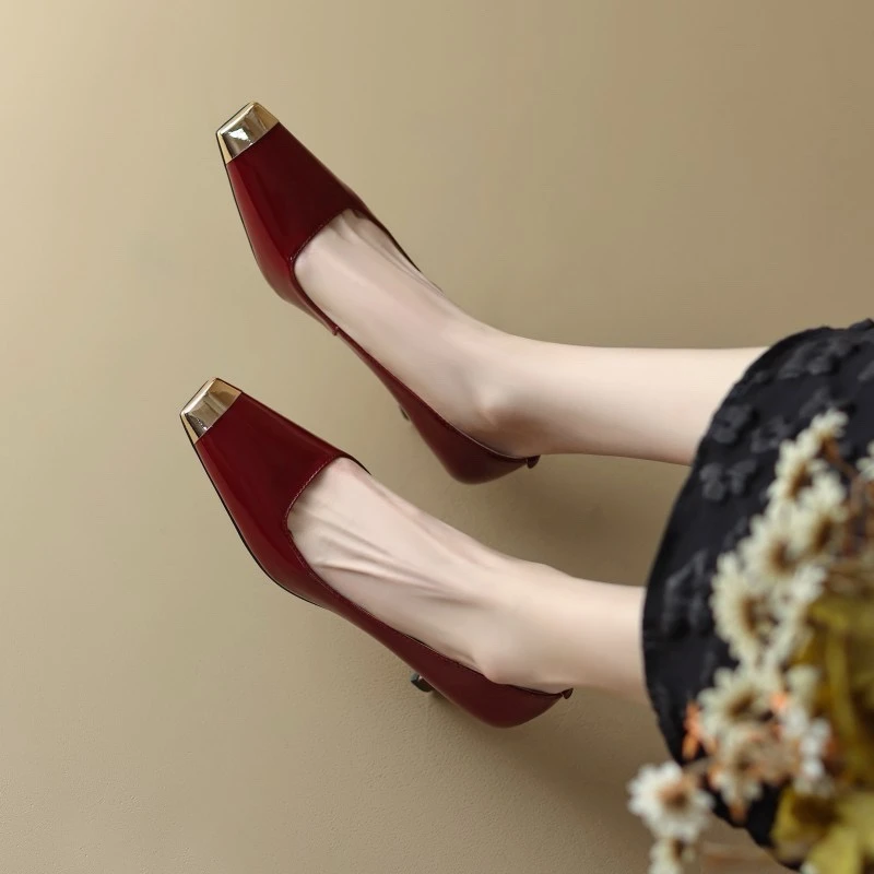 3公分细跟国潮单鞋真皮女鞋4041大码欧若风浅口女士红色高跟鞋
