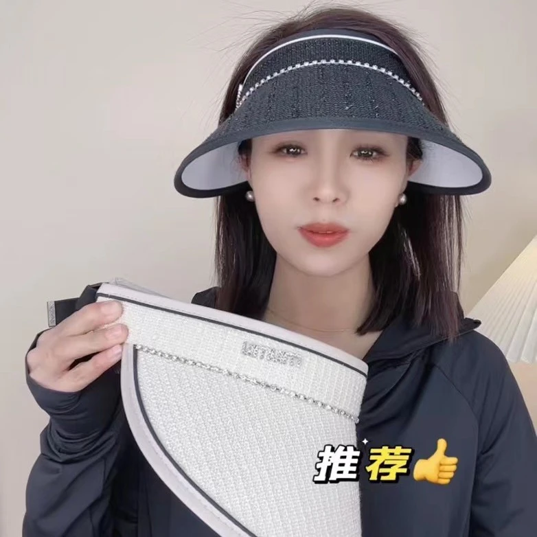夏季小香风镶钻大檐遮阳空顶帽子女轻奢户外防紫外线防晒帽太阳帽