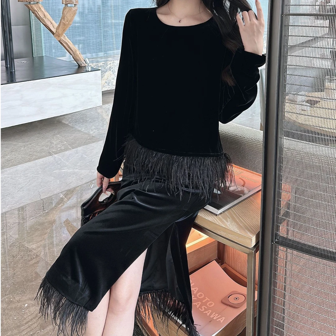 2024秋冬新款高贵气质羽毛拼接开叉裙摆真丝丝绒长袖上衣半裙套装