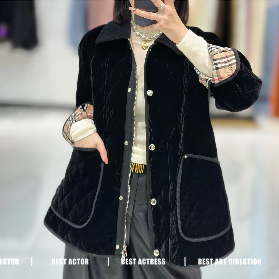 深圳南油高端超好看真丝丝绒棉衣棉服女冬季格子菱格加厚棉袄外套