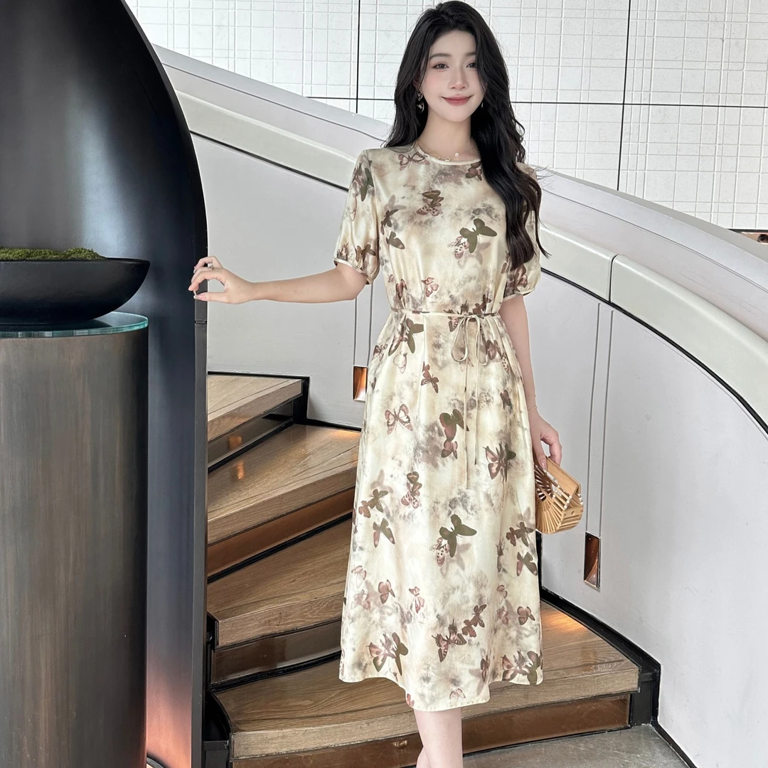 2024新款重磅真丝连衣裙圆领短袖印花桑蚕丝中长裙系带显瘦裙子