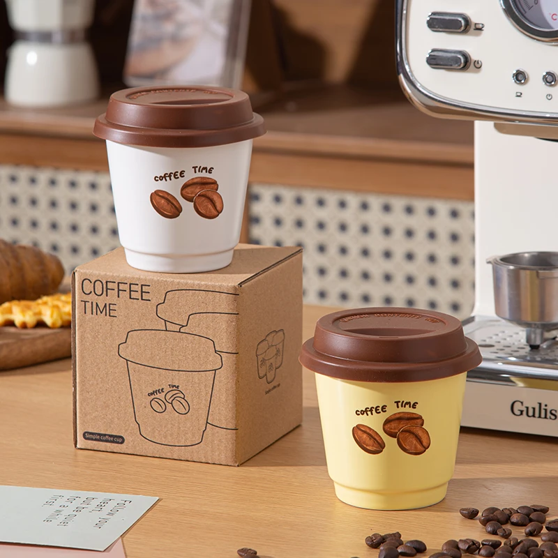 卡通复古咖啡豆陶瓷马克杯咖啡手握杯带盖办公宿舍喝水杯子伴手礼