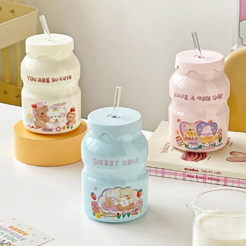 萌宠可爱陶瓷马克杯卡通创意设计高颜值吸管杯益力多女生水杯子