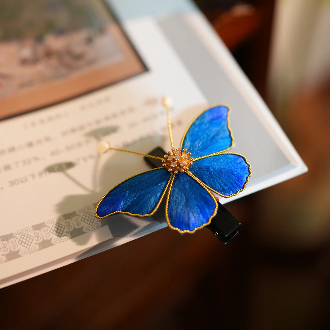 【蝴蝶发夹】宝蓝色 非遗绒花掐丝 手工制作 国风礼品