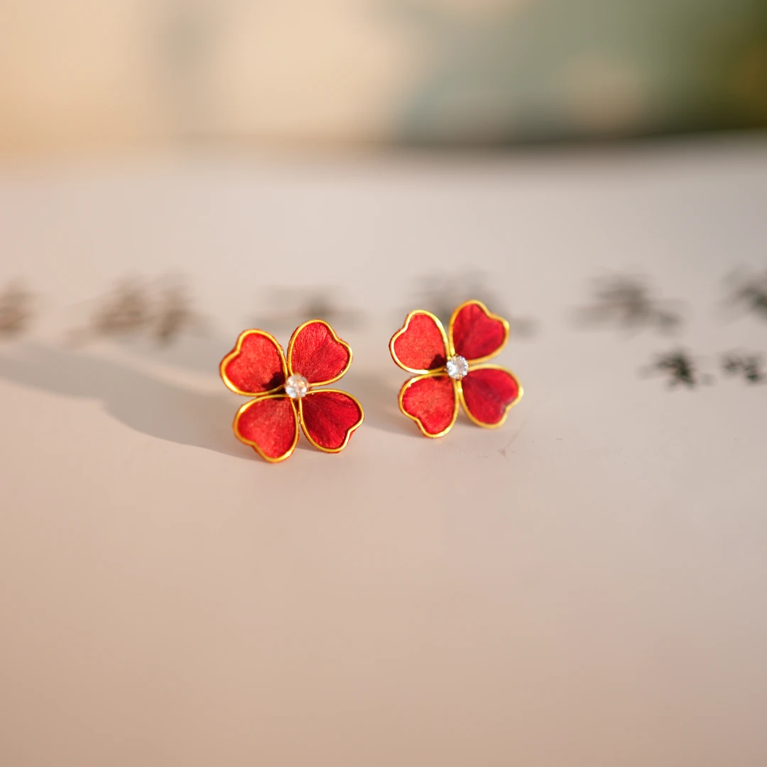 非金属布艺耳饰 【四叶草耳饰】红色 非遗绒花工艺 日常国风礼品