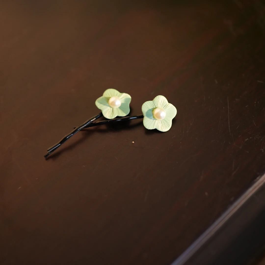 【桃花一字对夹】绿色 非遗手工缠花工艺 日常国风仙女百搭