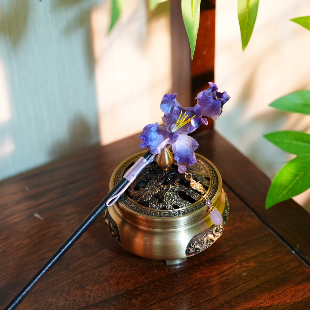 非遗手工绒花工艺制作紫色鸢尾花发簪日常国风仙女百搭款