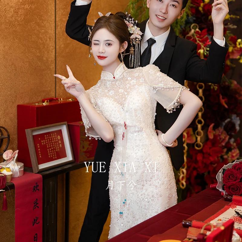 【月下兮-清允】旗袍订婚服高端气质改良新娘敬酒礼服白色蕾丝
