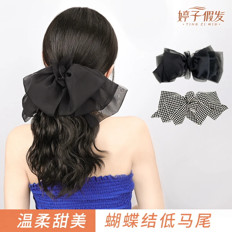 婷子假发/温柔优雅 蝴蝶结抓夹式马尾 气质网红蓬松自然卷发
