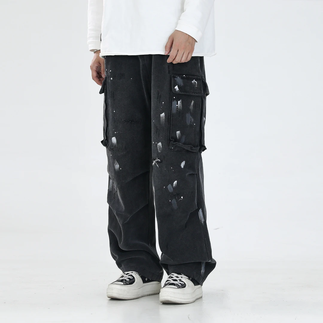 COURSEMYS聪明陈 潮牌秋冬重磅工装裤ins日系水洗做旧泼墨休闲裤