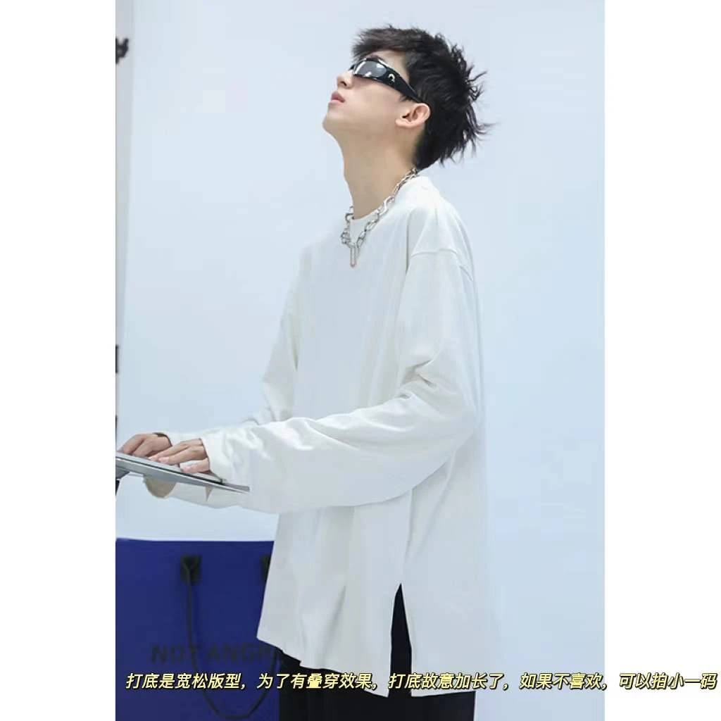聪明陈原创重磅320g不缩水圆领长袖T恤男宽松开叉打底衫