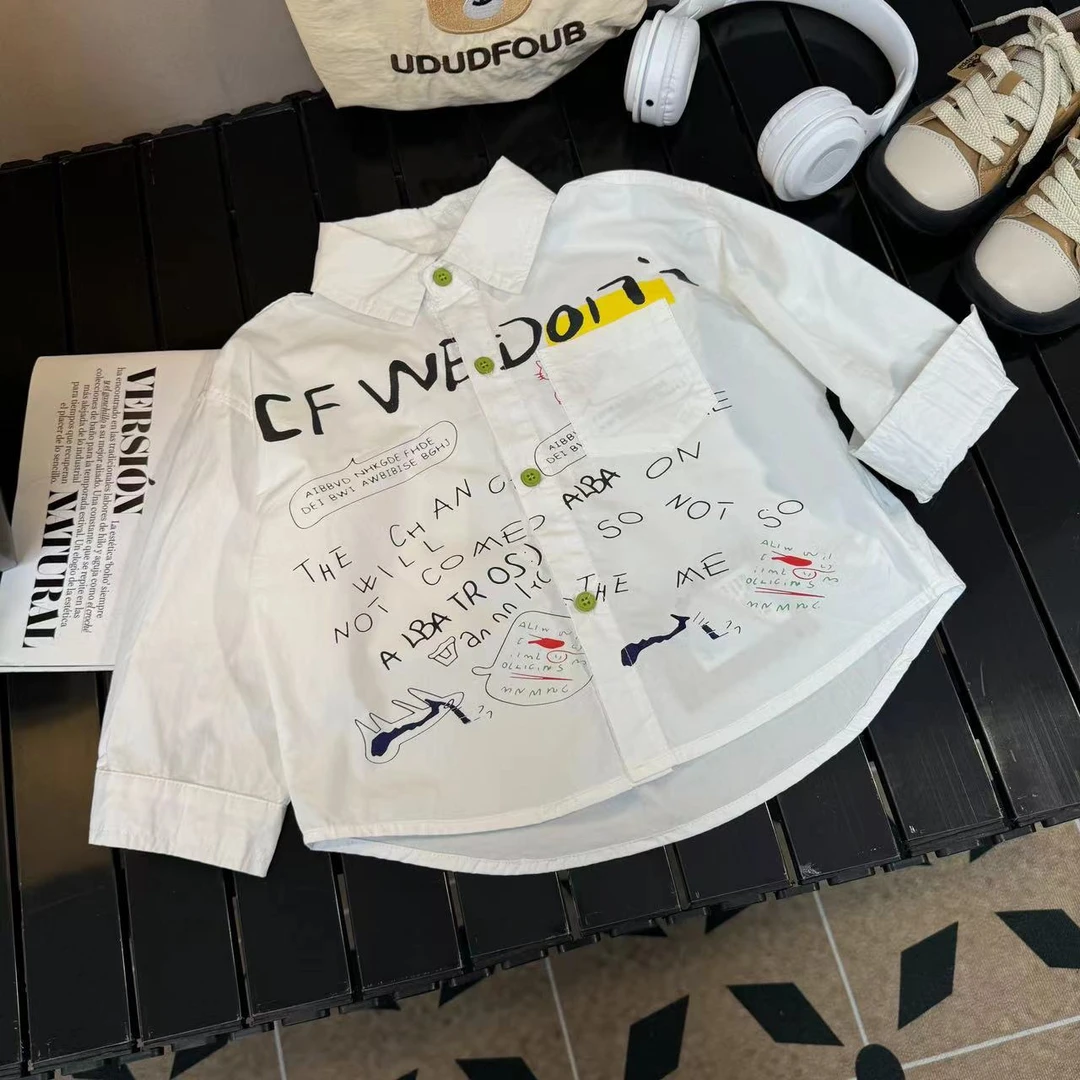 2024儿童春款长袖上衣新款1020白色衬衣宽松百搭纯色韩版春秋时尚