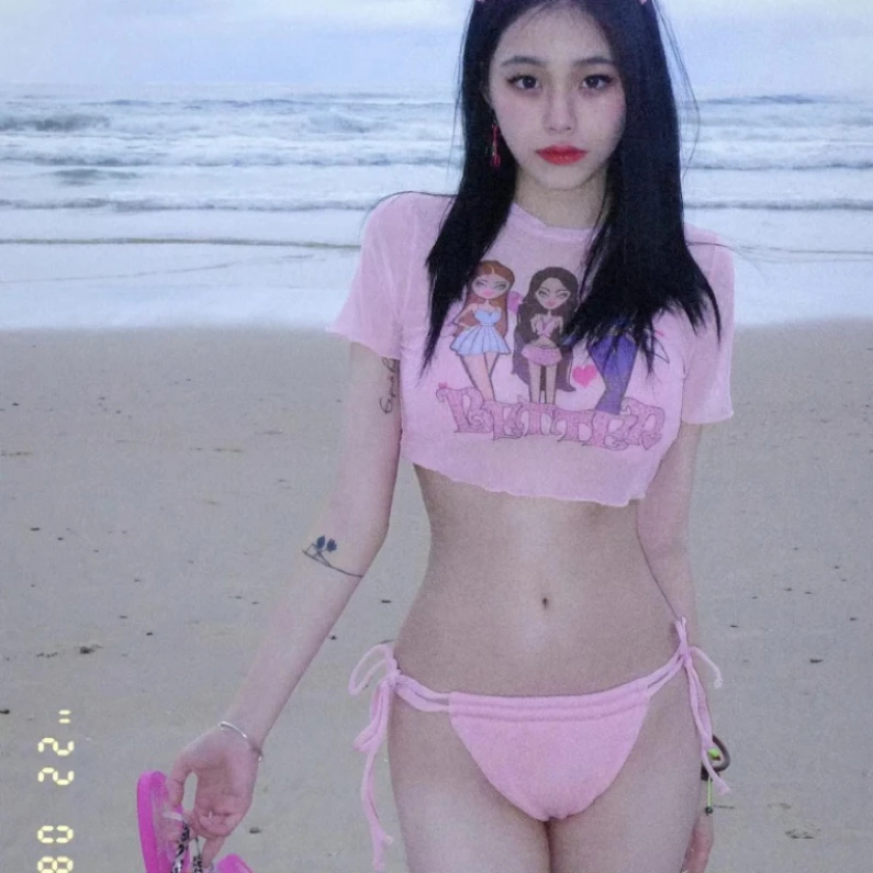 网红辣妹分体三件套泳衣显瘦ins粉色纯欲比基尼性感沙滩泳装