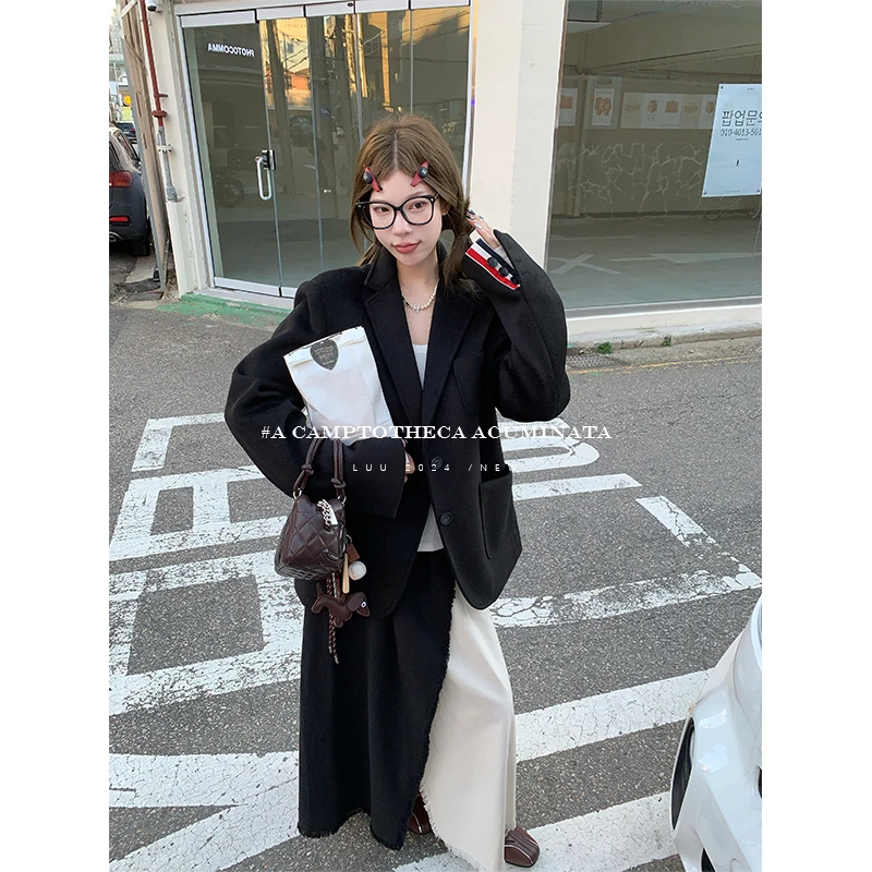 LUU桃喜儿/短款加厚毛呢廓形西装外套女秋冬毛宽松小个子上衣