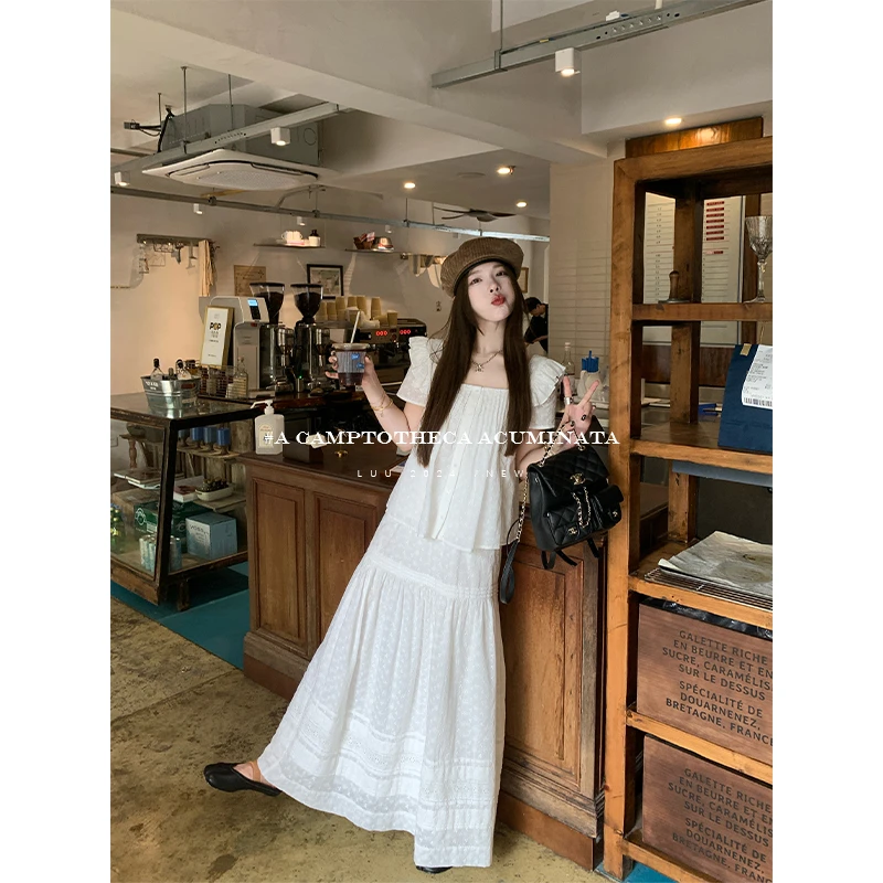 LUU桃喜儿/蕾丝套装连衣裙女夏气质长裙白色设计感法式温柔小众