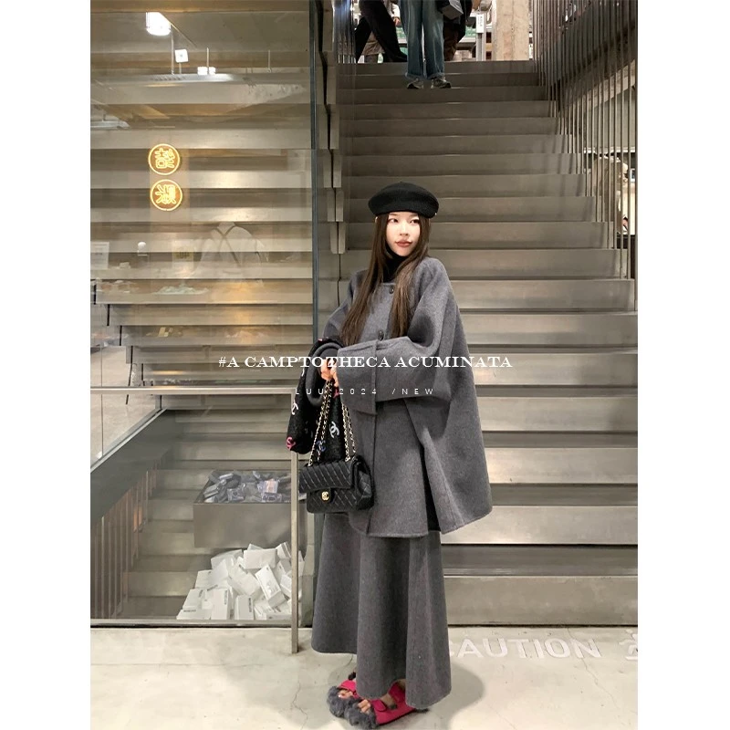 LUU桃喜儿/廓形斗篷双面呢羊毛大衣套装女秋冬呢子外套设计感毛呢