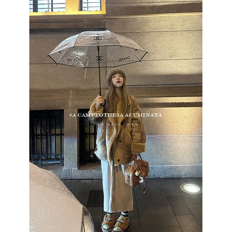 LUU桃喜儿/加厚皮毛一体羔毛外套女上衣秋冬机车服宽松皮衣慵懒