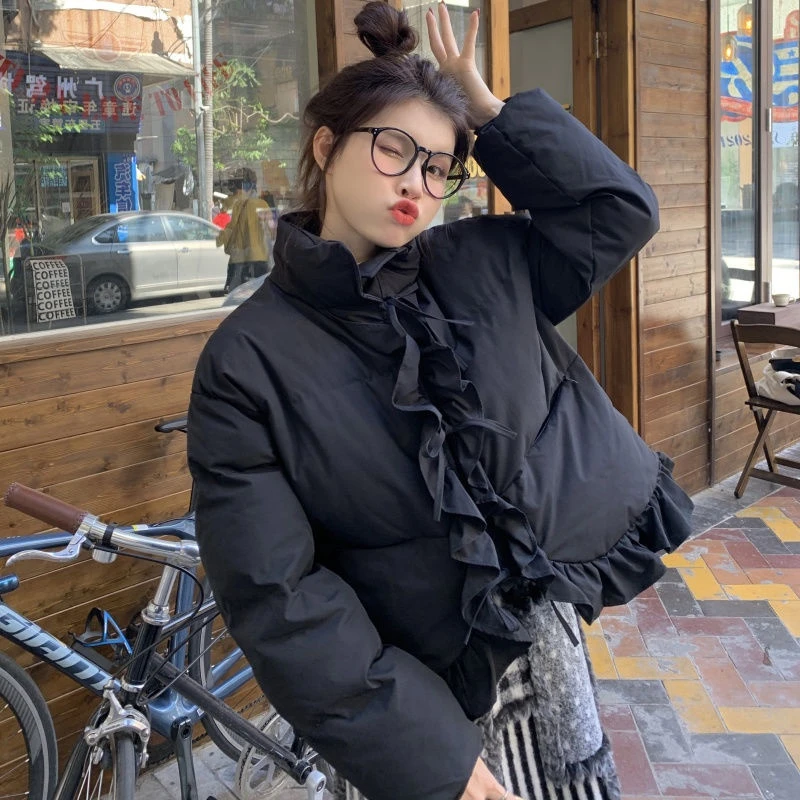 棉服女冬季2023新款设计感小众荷叶边加厚减龄保暖甜美棉衣外套潮